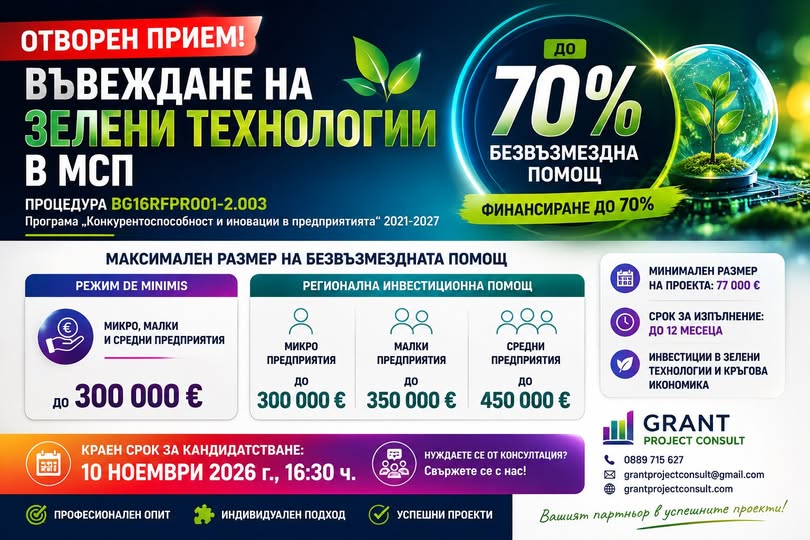 Плакат за конкурс за въвеждане на зелени технологии в МСП